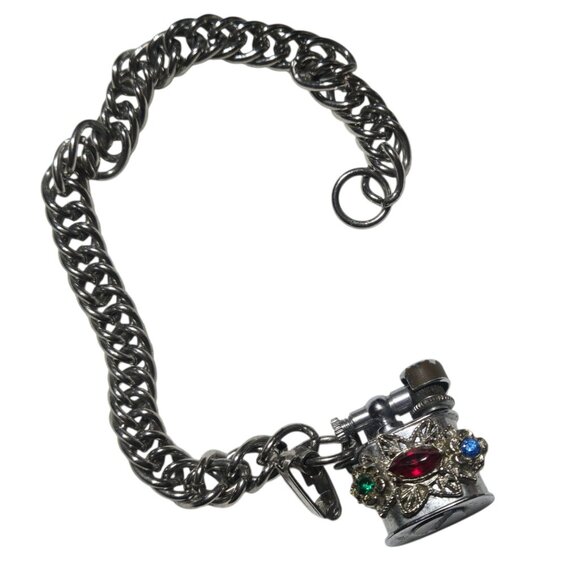 Vintage Bracelet Miniature Lighter Charm With Jeweled Embellishments - Picture 13 of 16